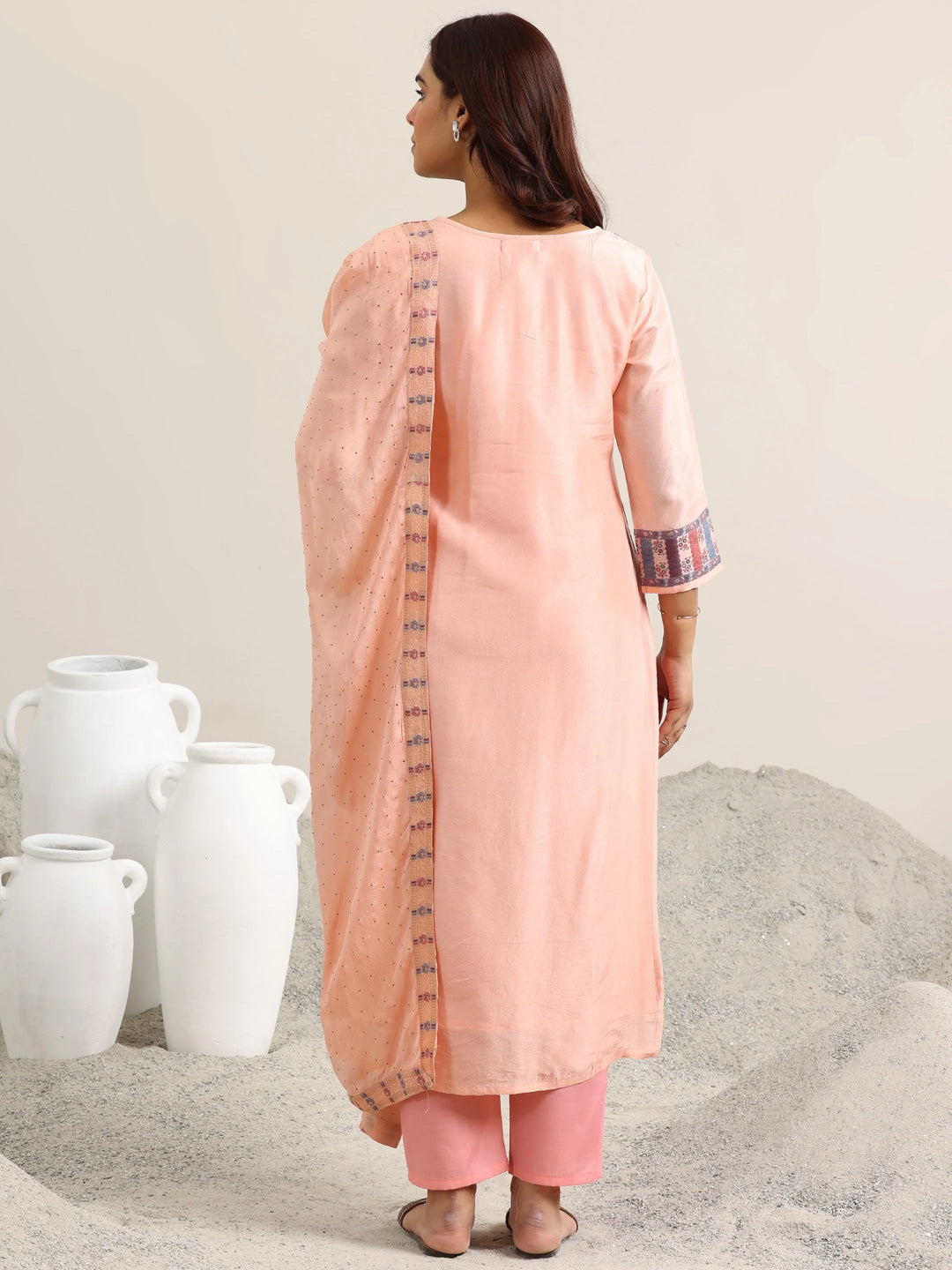  Peach Woven Design Silk Blend Straight Suit With Dupatta 