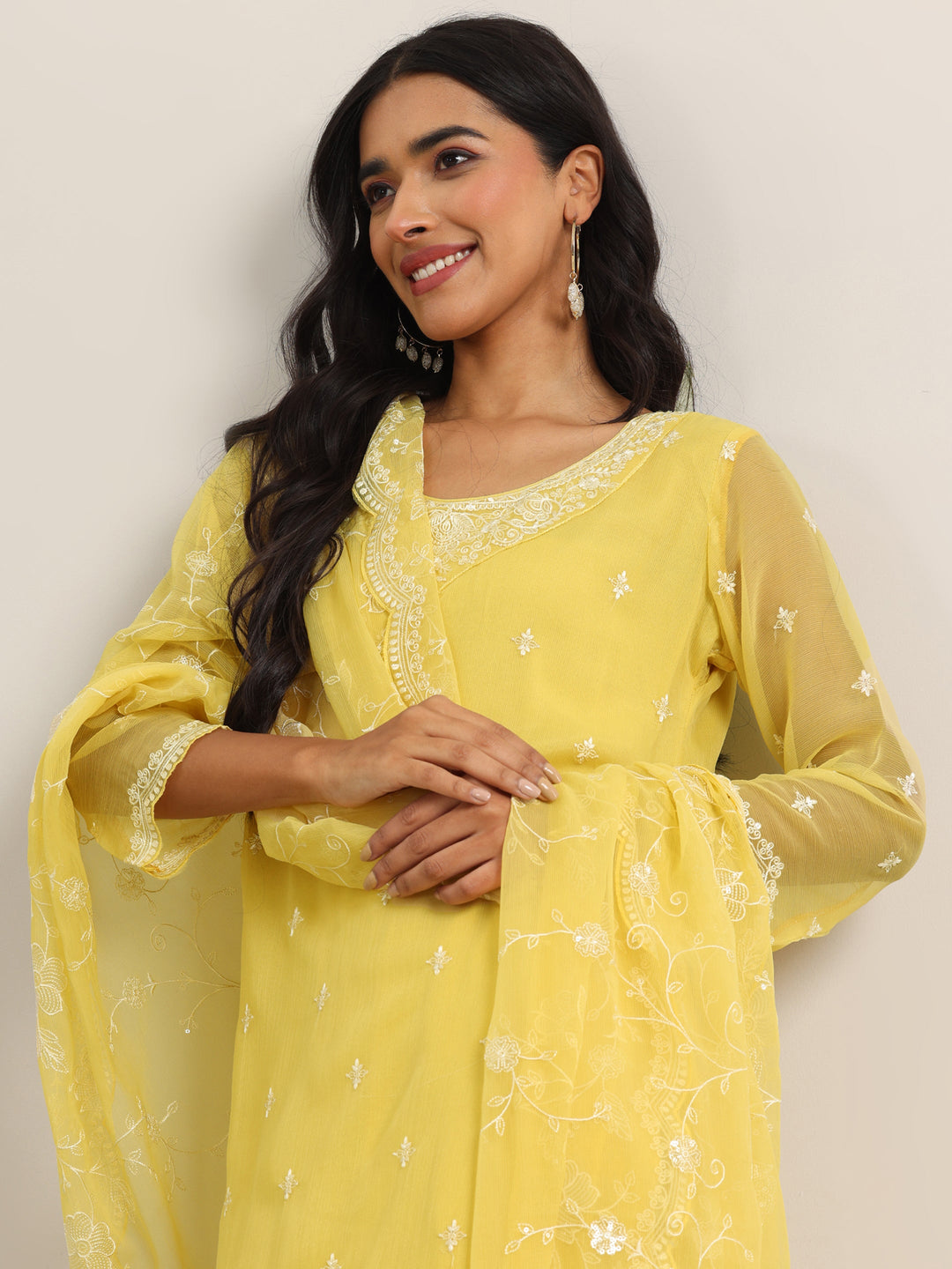  Yellow Embroidered Poly Chiffon Straight Suit With Dupatta 