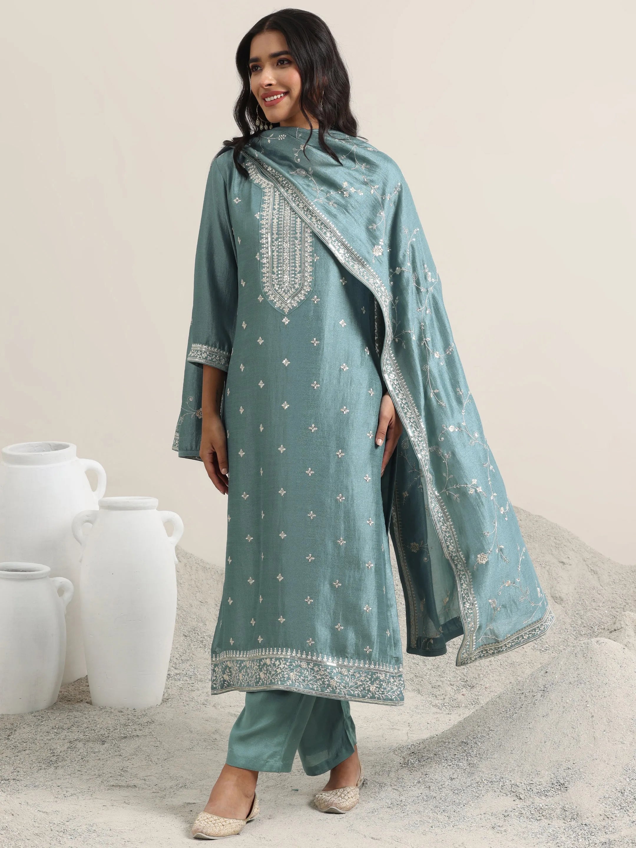 libas Blue Embroidered Silk Blend Straight Suit With Dupatta-picture-23