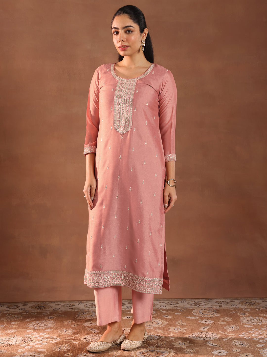  Peach Embroidered Silk Blend Straight Suit With Dupatta 
