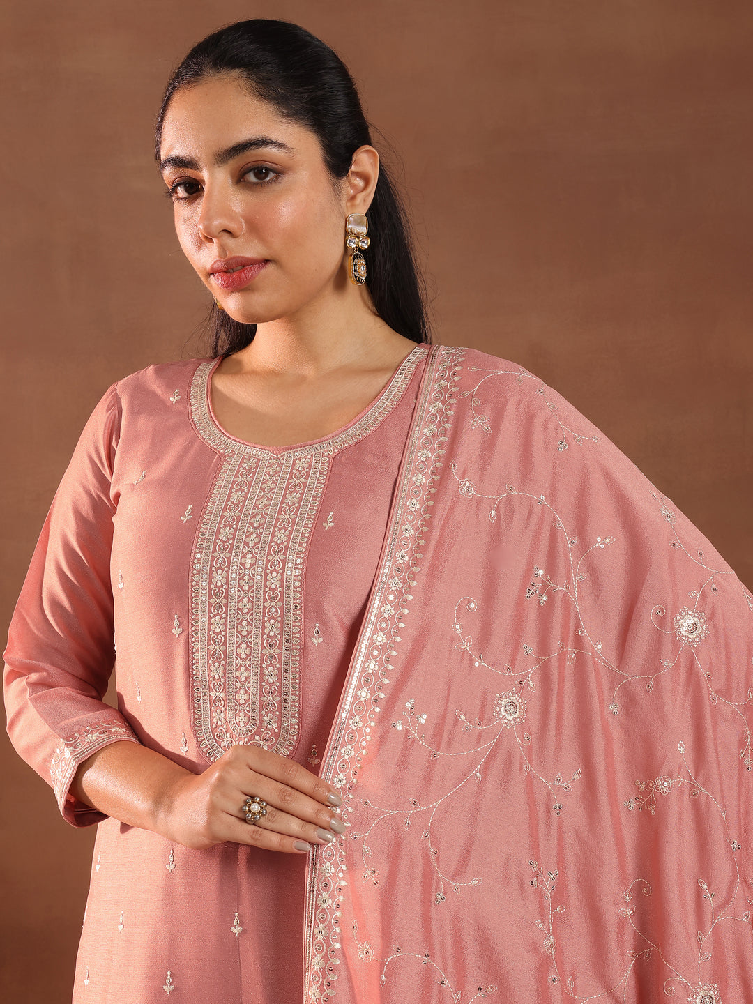  Peach Embroidered Silk Blend Straight Suit With Dupatta 