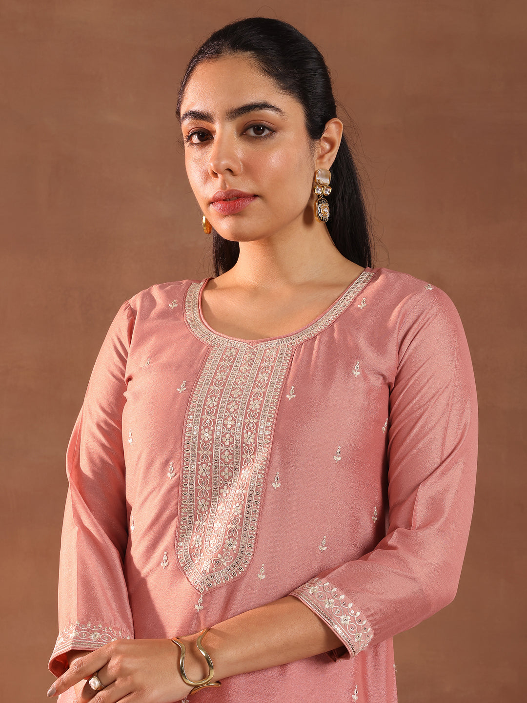  Peach Embroidered Silk Blend Straight Suit With Dupatta 