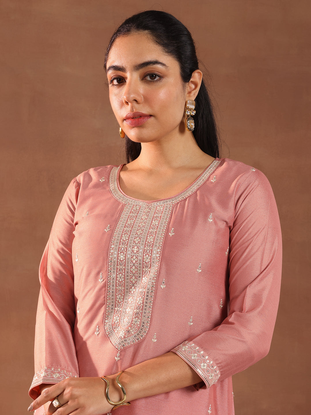  Peach Embroidered Silk Blend Straight Suit With Dupatta 