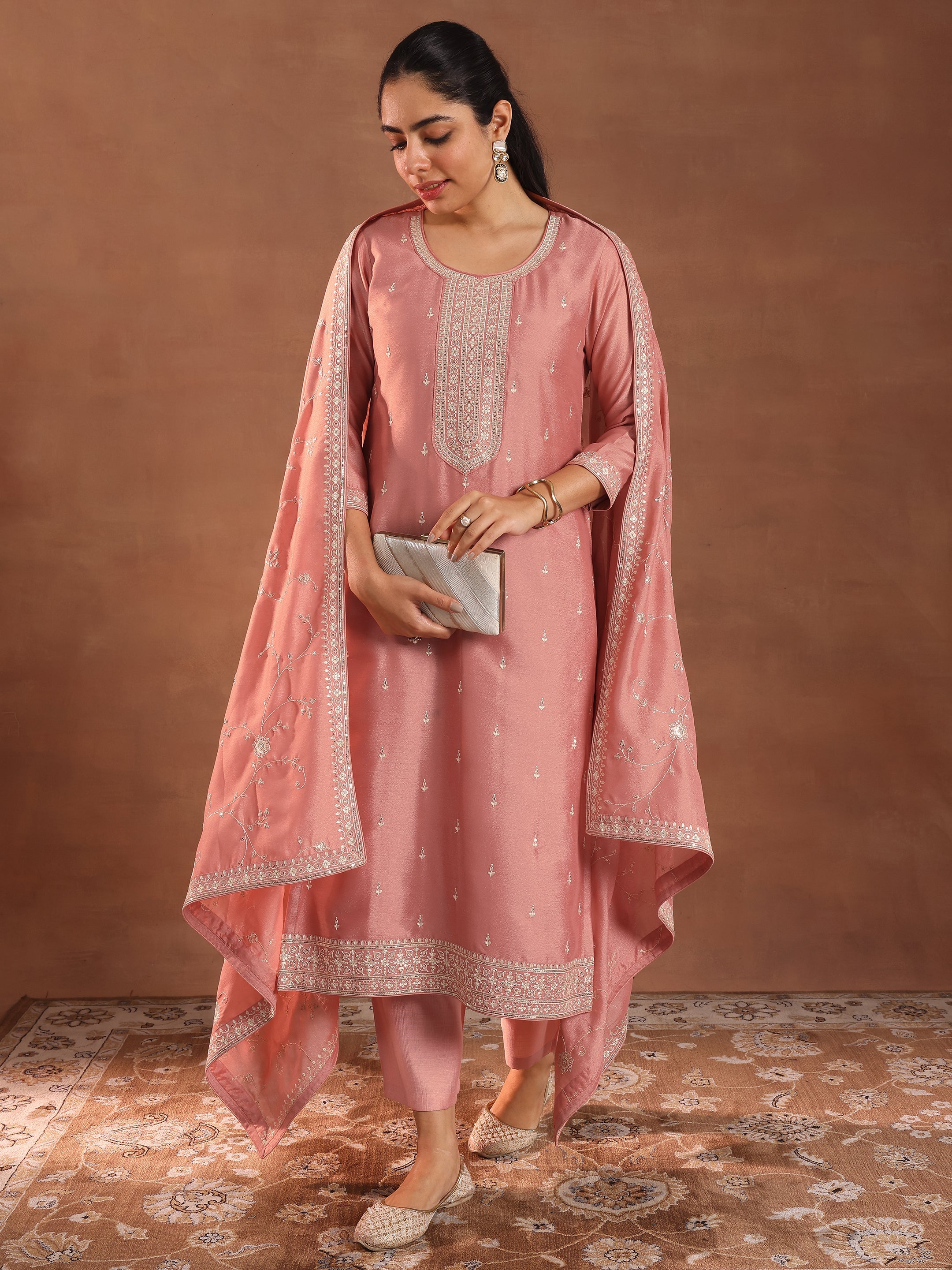 Peach Embroidered Silk Blend Straight Suit With Dupatta-image-32