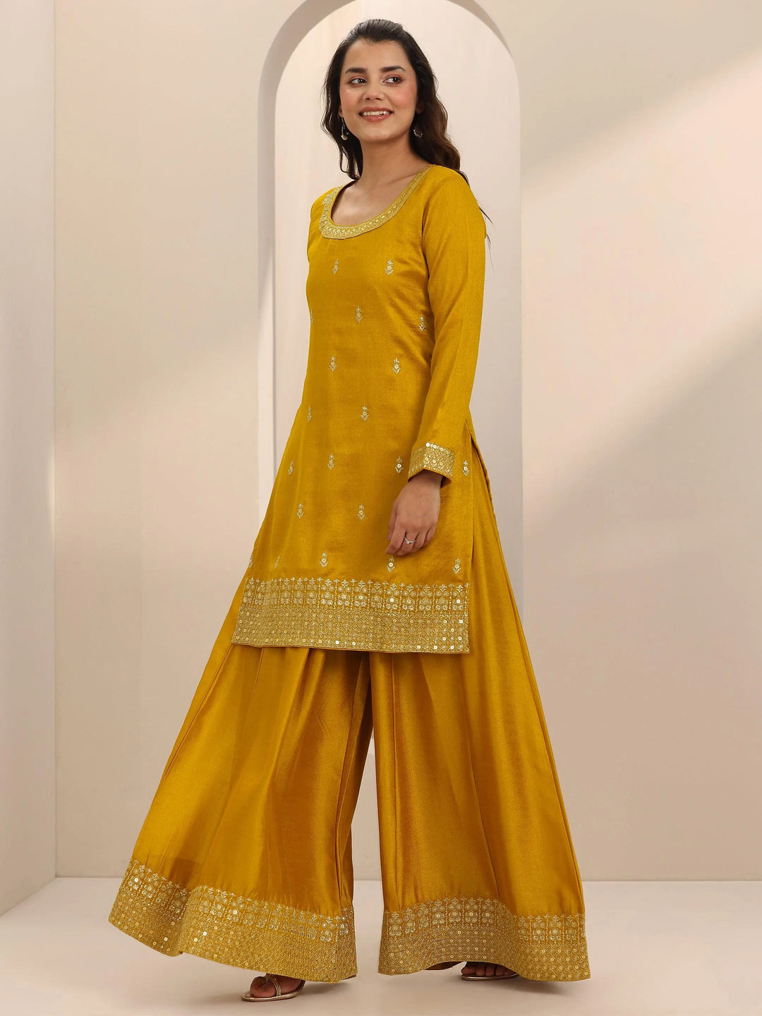  Mustard Embellished Silk Blend Straight Suit Set With Dupatta 
