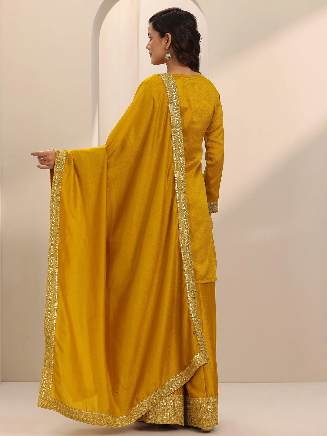  Mustard Embellished Silk Blend Straight Suit Set With Dupatta 