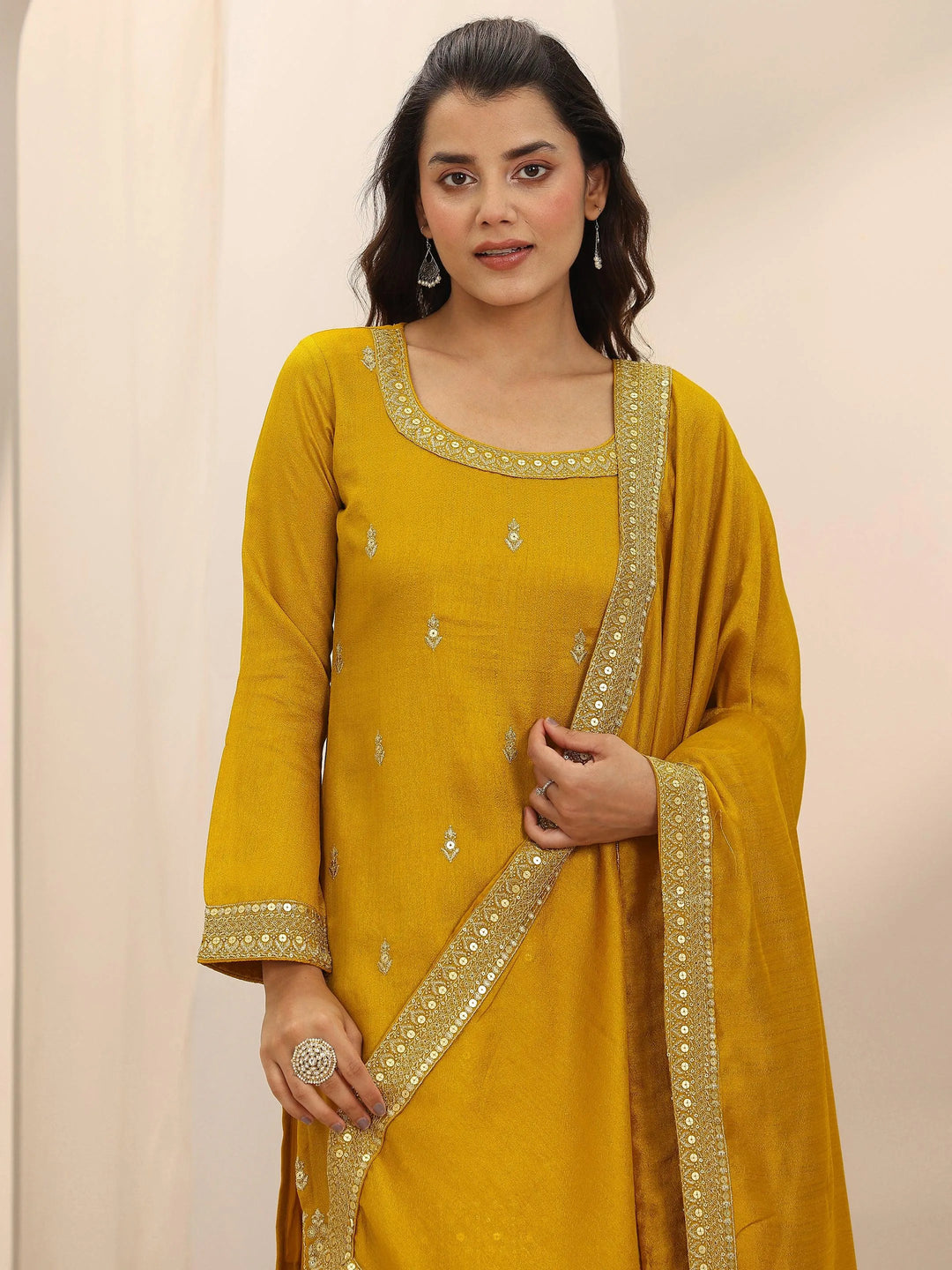 Mustard Embellished Silk Blend Straight Suit Set With Dupatta 