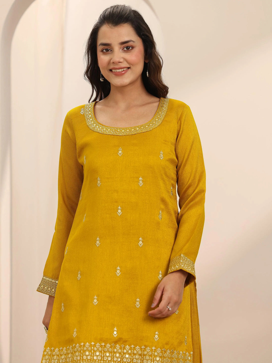  Mustard Embellished Silk Blend Straight Suit Set With Dupatta 