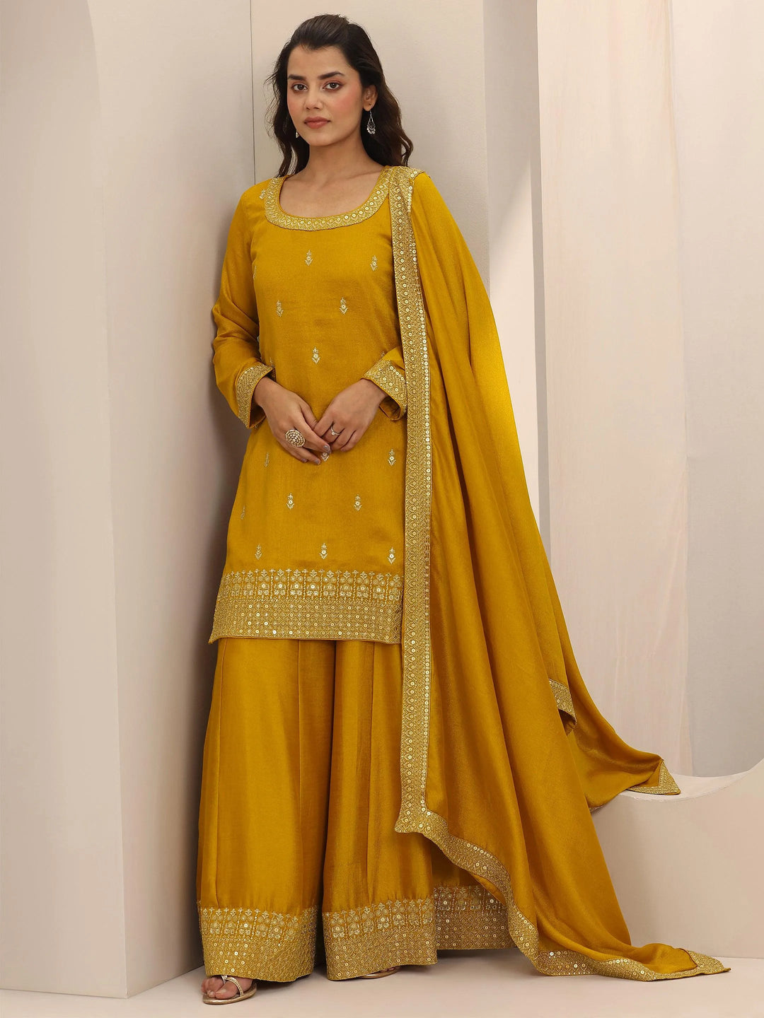  Mustard Embellished Silk Blend Straight Suit Set With Dupatta 