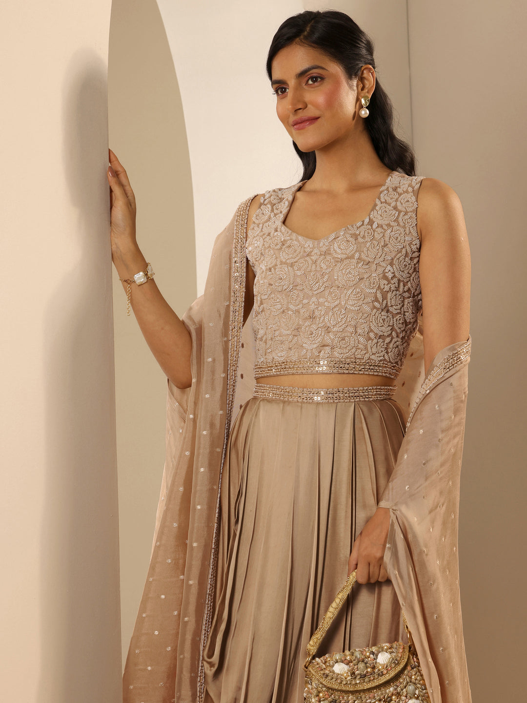  Libas Art Beige Embellished Satin Co-Ord Sets 
