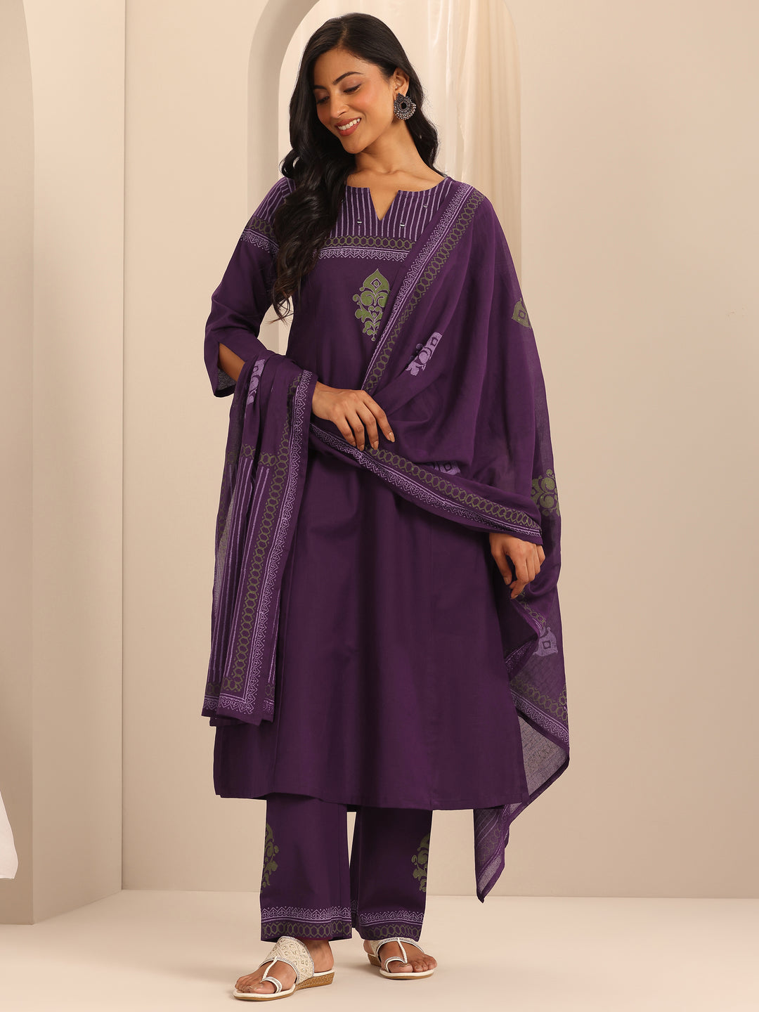  Purple Printed Cotton Blend A-Line Suit Set With Dupatta 