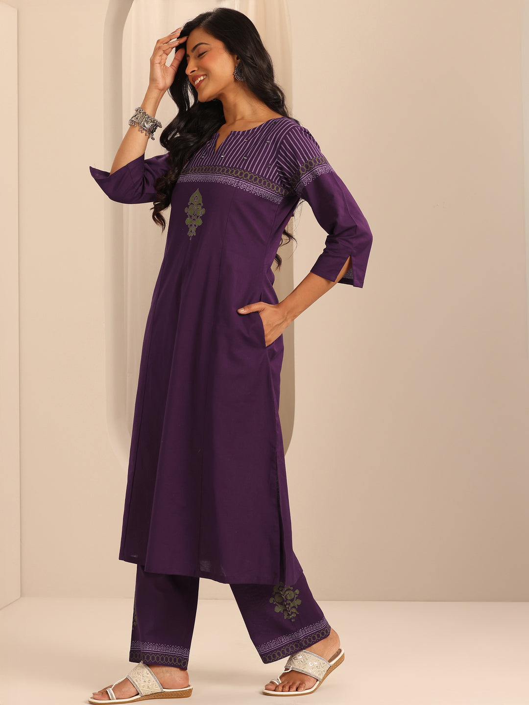  Purple Printed Cotton Blend A-Line Suit Set With Dupatta 