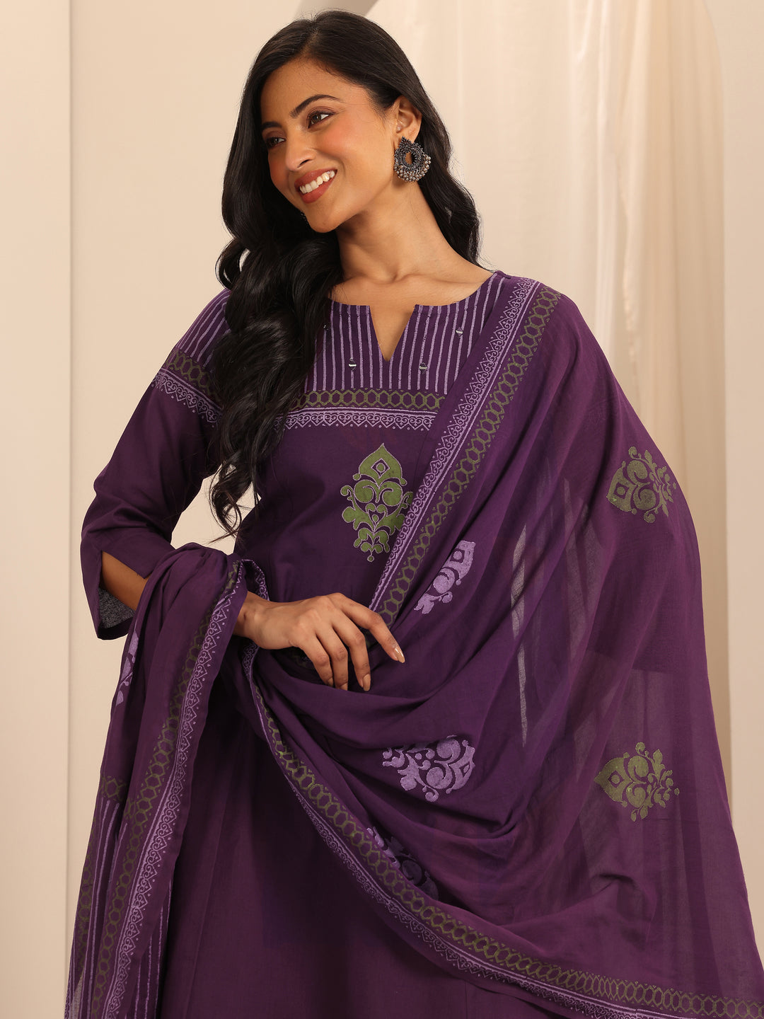 Purple Printed Cotton Blend A-Line Suit Set With Dupatta 