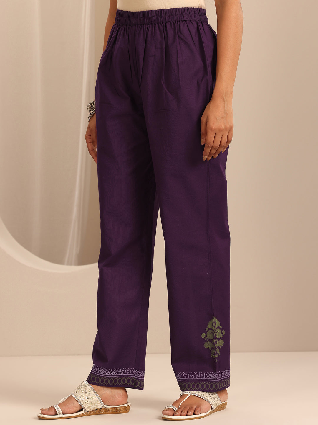  Purple Printed Cotton Blend A-Line Suit Set With Dupatta 