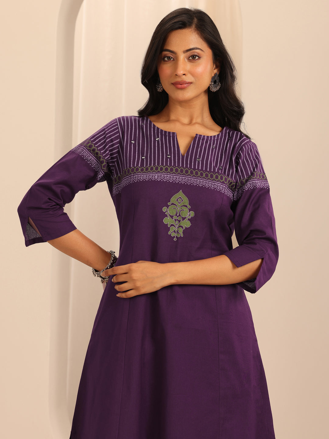 Purple Printed Cotton Blend A-Line Suit Set With Dupatta 
