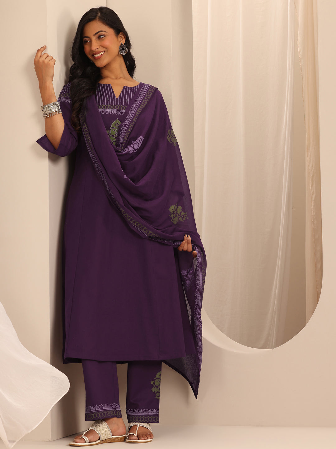  Purple Printed Cotton Blend A-Line Suit Set With Dupatta 