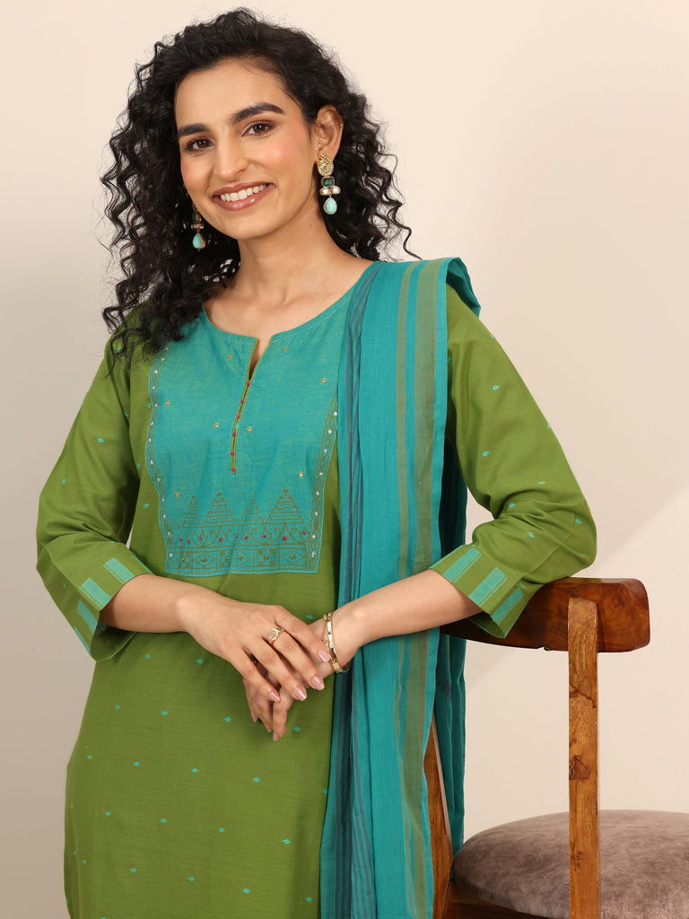 Libas Green Printed Cotton Blend Straight Suit Set With Dupatta