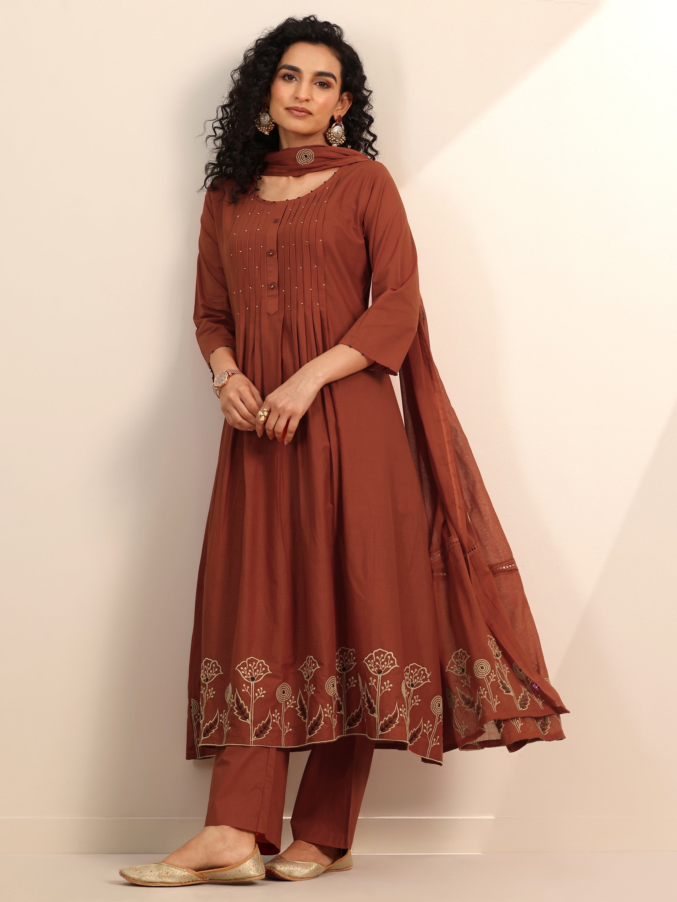 Rust Embroidered Cotton Blend Anarkali Suit Set With Dupatta — Libas Eid 2026