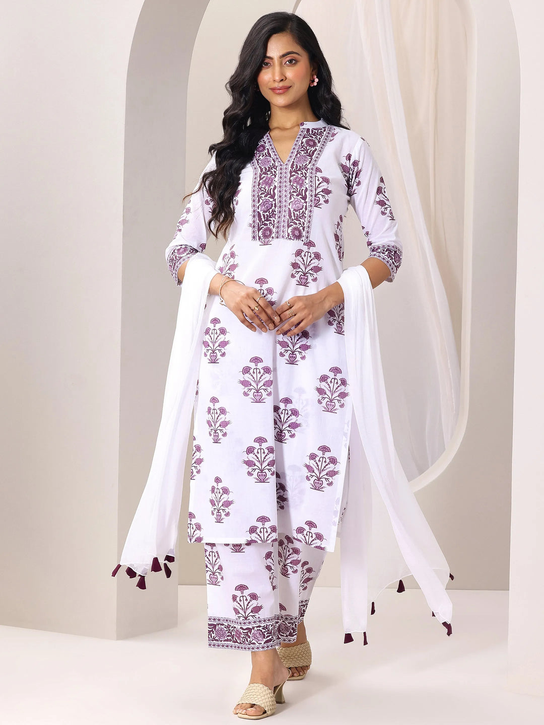  White Printed Cotton Blend Straight Suit Set With Dupatta 