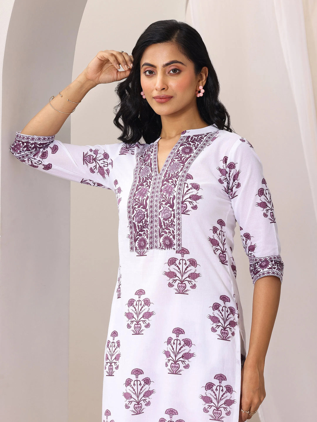  White Printed Cotton Blend Straight Suit Set With Dupatta 