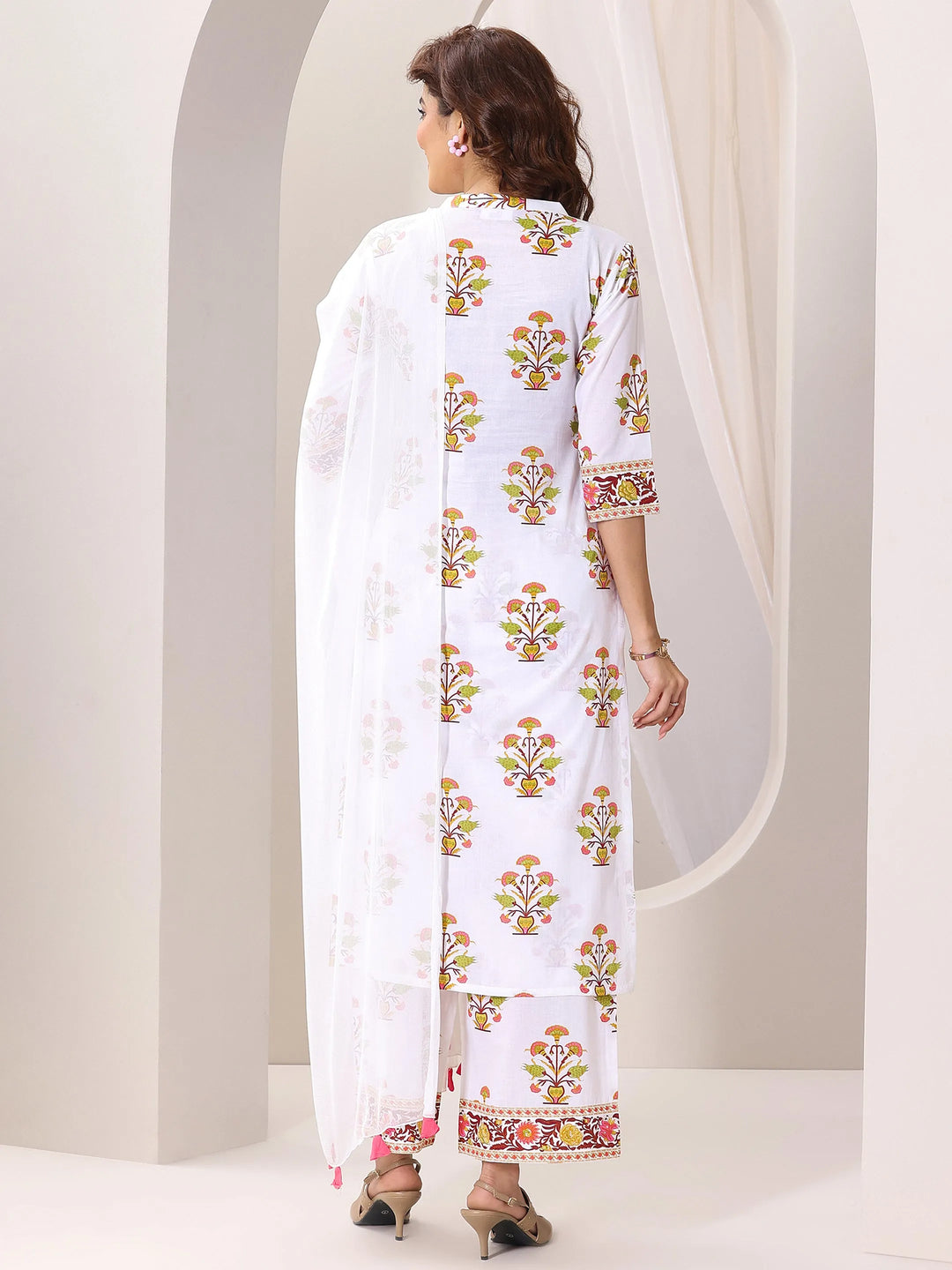  White Printed Cotton Blend Straight Suit Set With Dupatta 