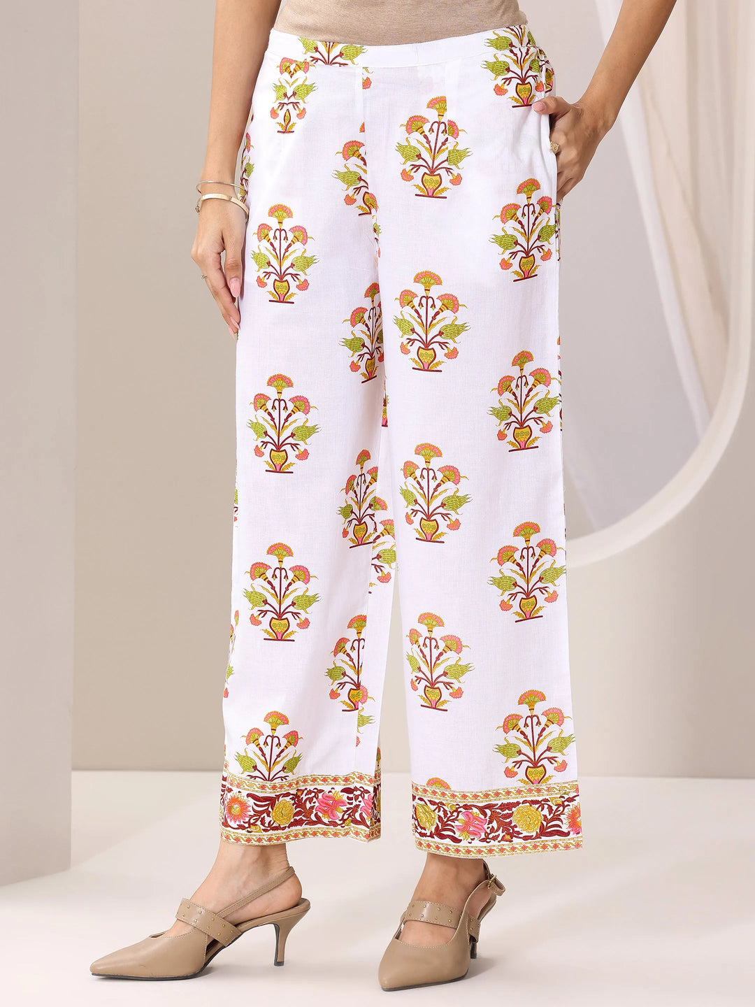  White Printed Cotton Blend Straight Suit Set With Dupatta 