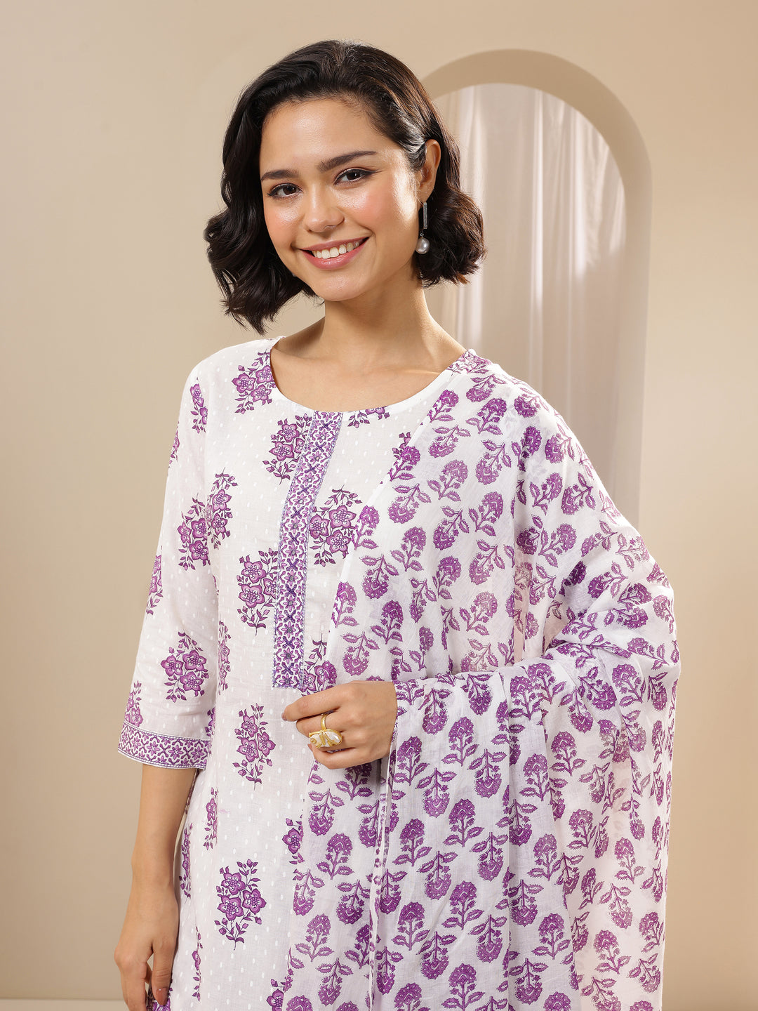  Off White Printed Cotton Straight Suit Sets With Dupatta 