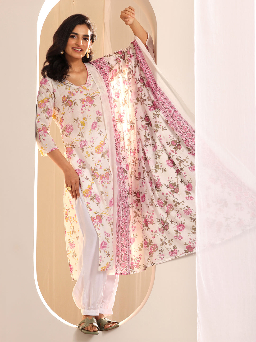 Off White Printed Cotton Straight Suit Sets With Dupatta