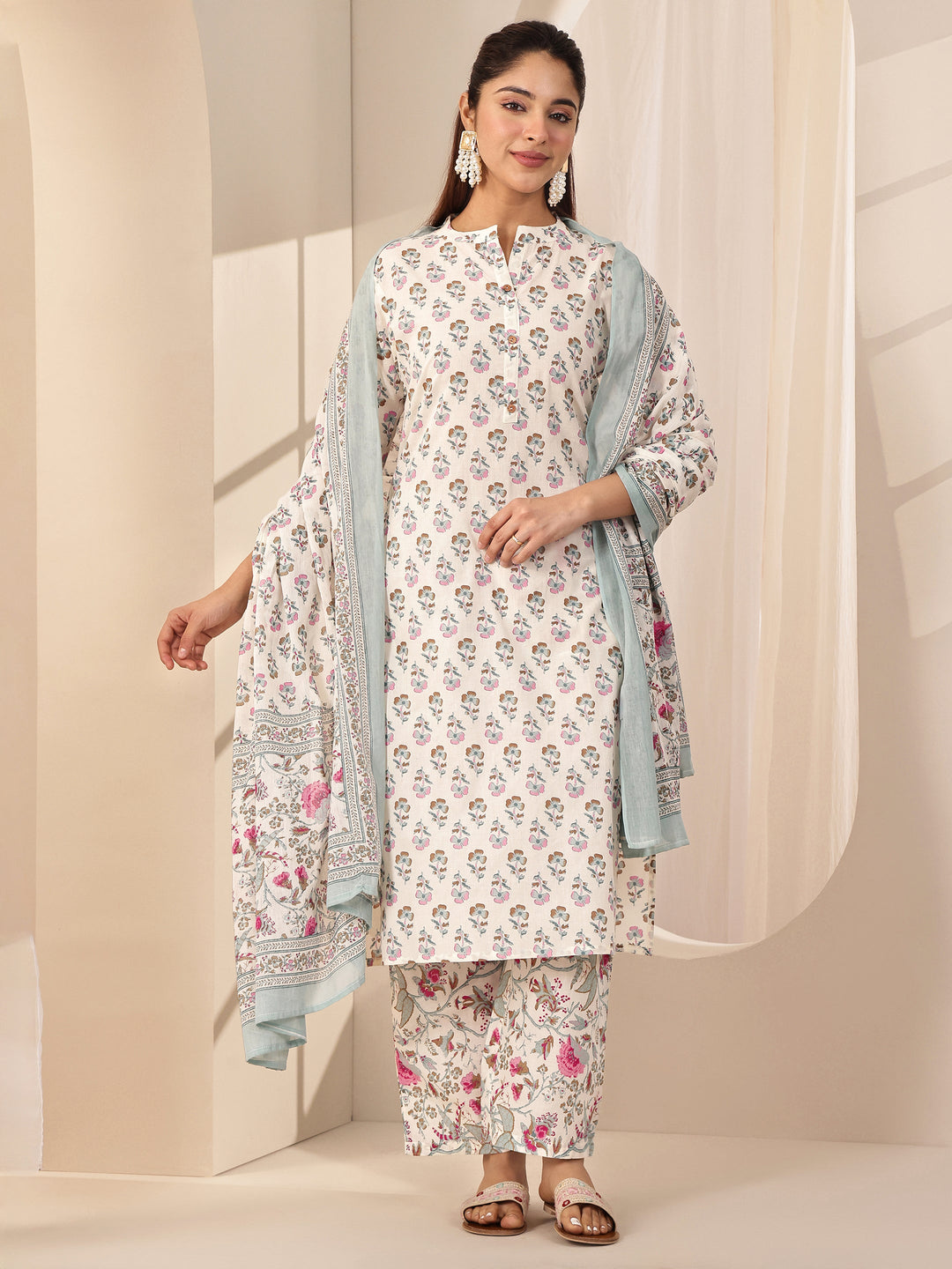  Off White Printed Cotton Straight Suit Sets With Dupatta 