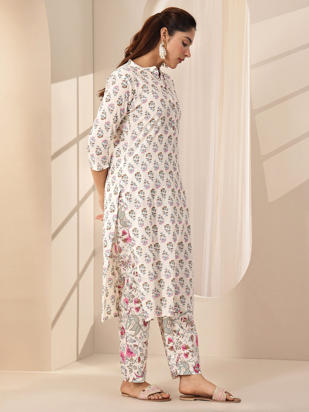  Off White Printed Cotton Straight Suit Sets With Dupatta 