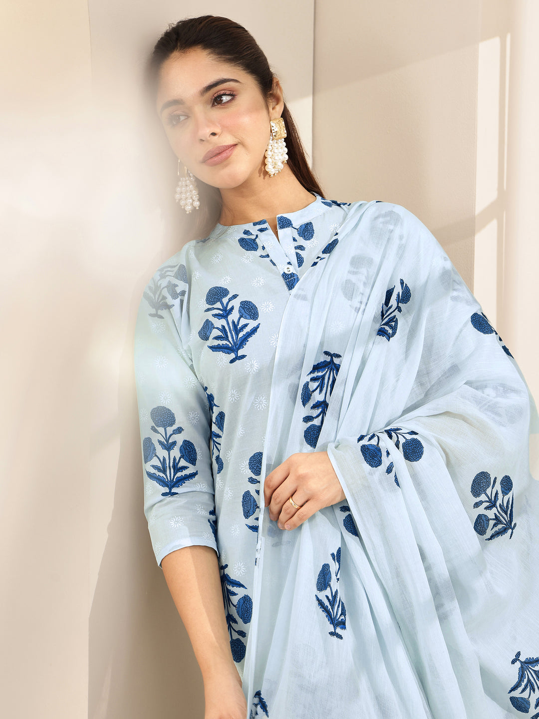 Blue Printed Cotton Straight Suit Sets With Dupatta