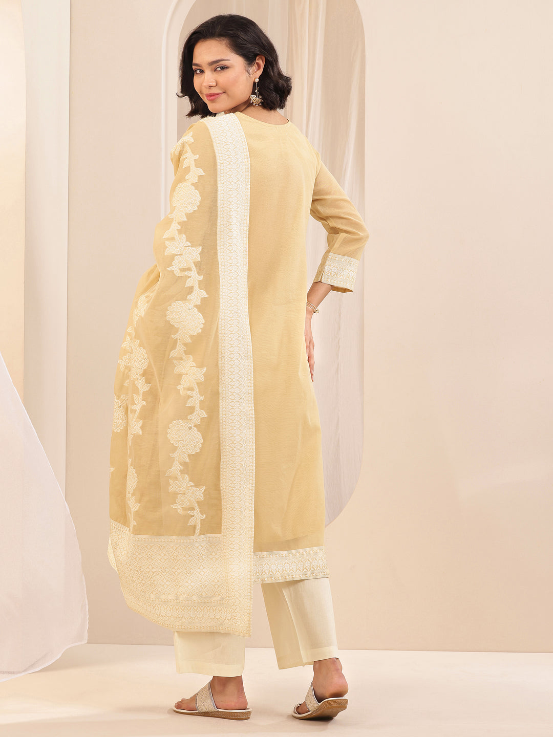  Beige Self Design Chanderi Silk Straight Suit Sets With Dupatta 