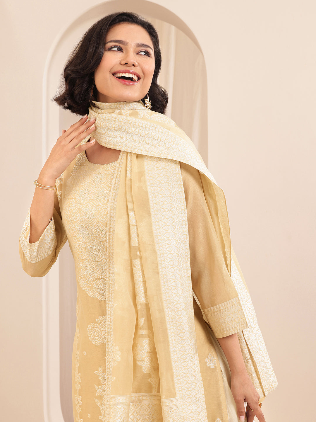  Beige Self Design Chanderi Silk Straight Suit Sets With Dupatta 