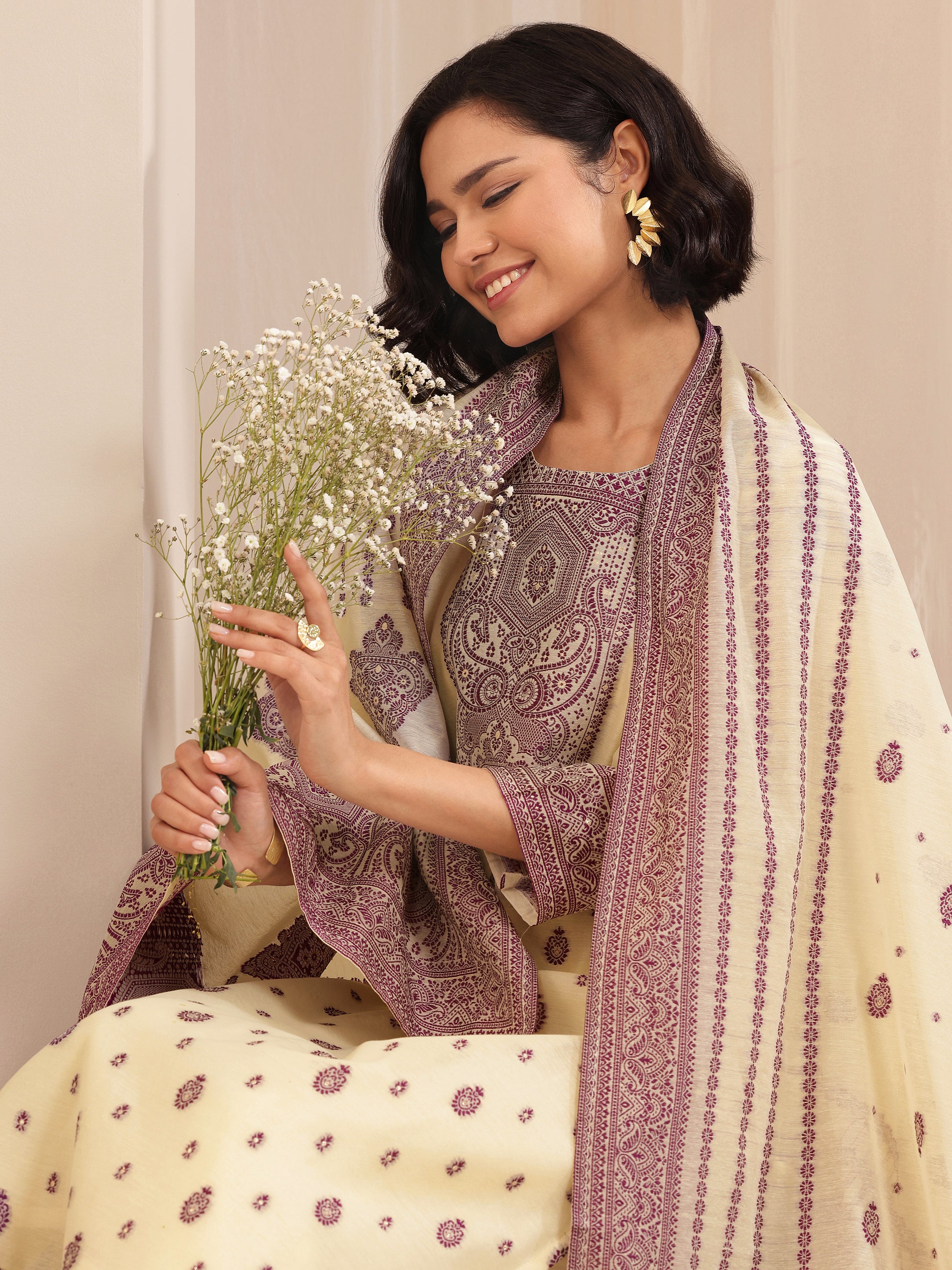 libas Cream Self Design Chanderi Silk Straight Suit Sets With Dupatta-picture-46