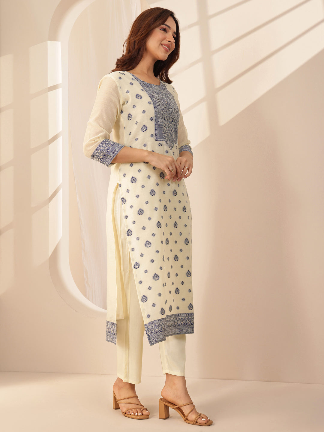  Cream Self Design Chanderi Silk Straight Suit Sets With Dupatta 