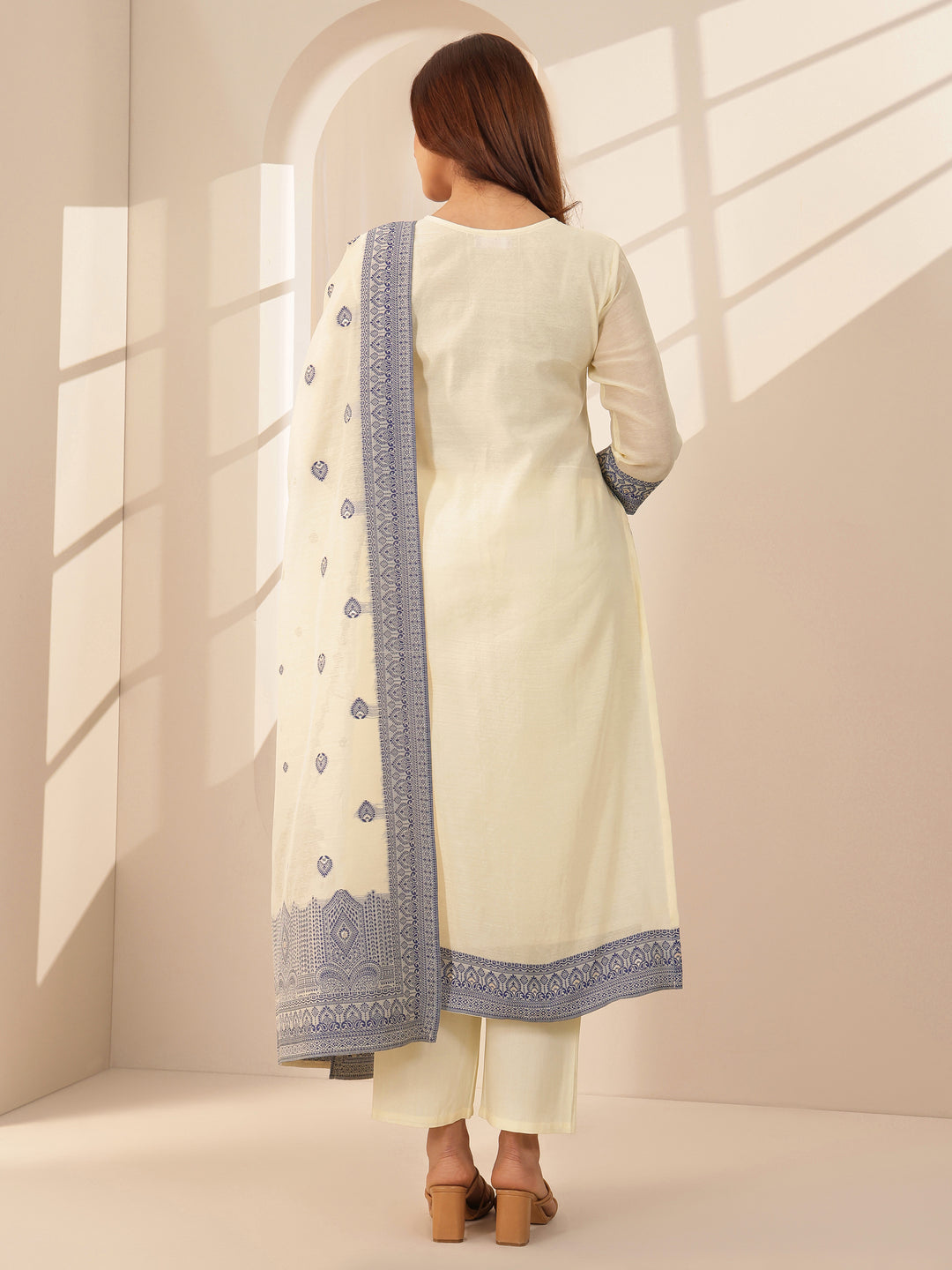  Cream Self Design Chanderi Silk Straight Suit Sets With Dupatta 