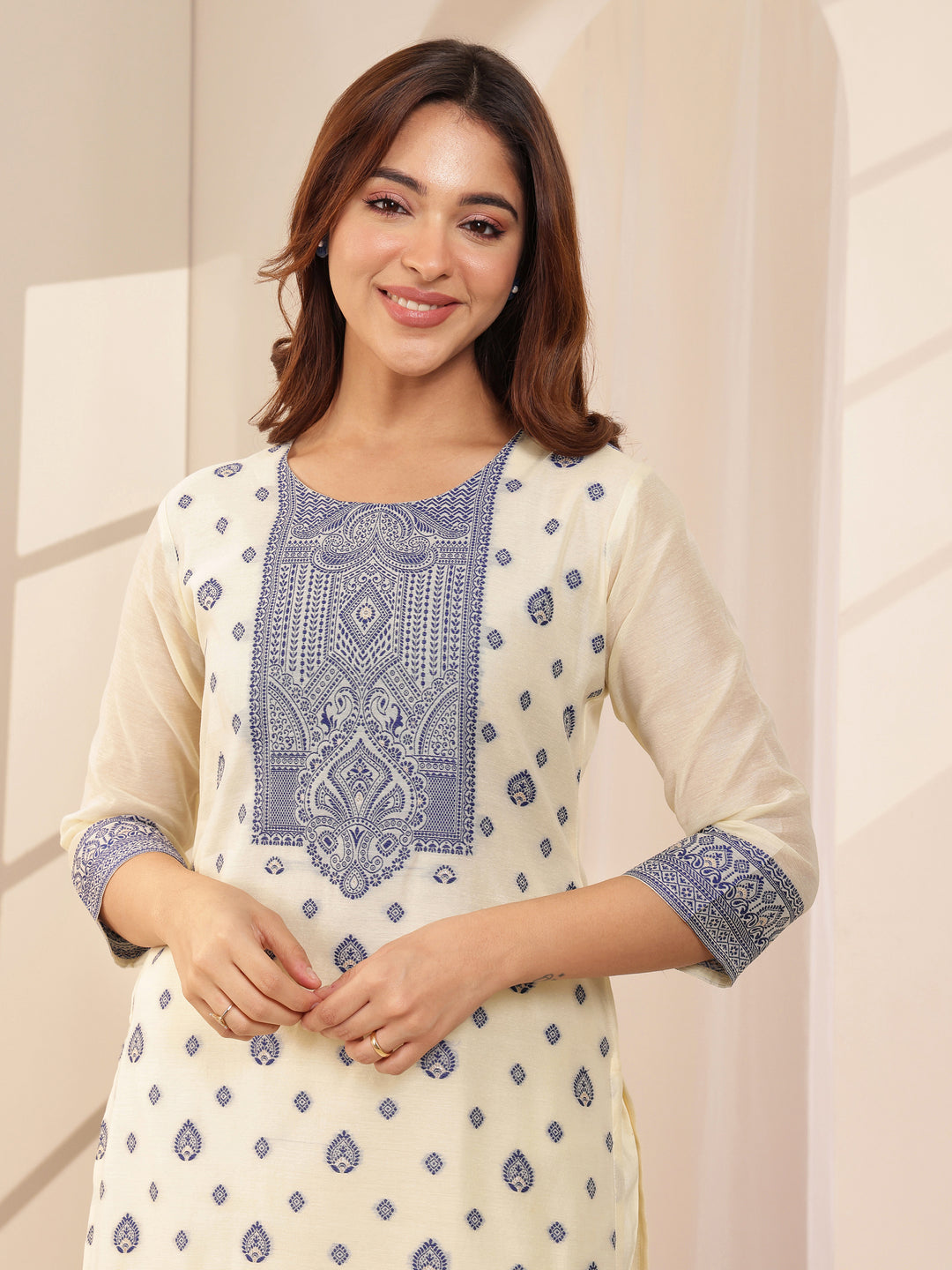  Cream Self Design Chanderi Silk Straight Suit Sets With Dupatta 