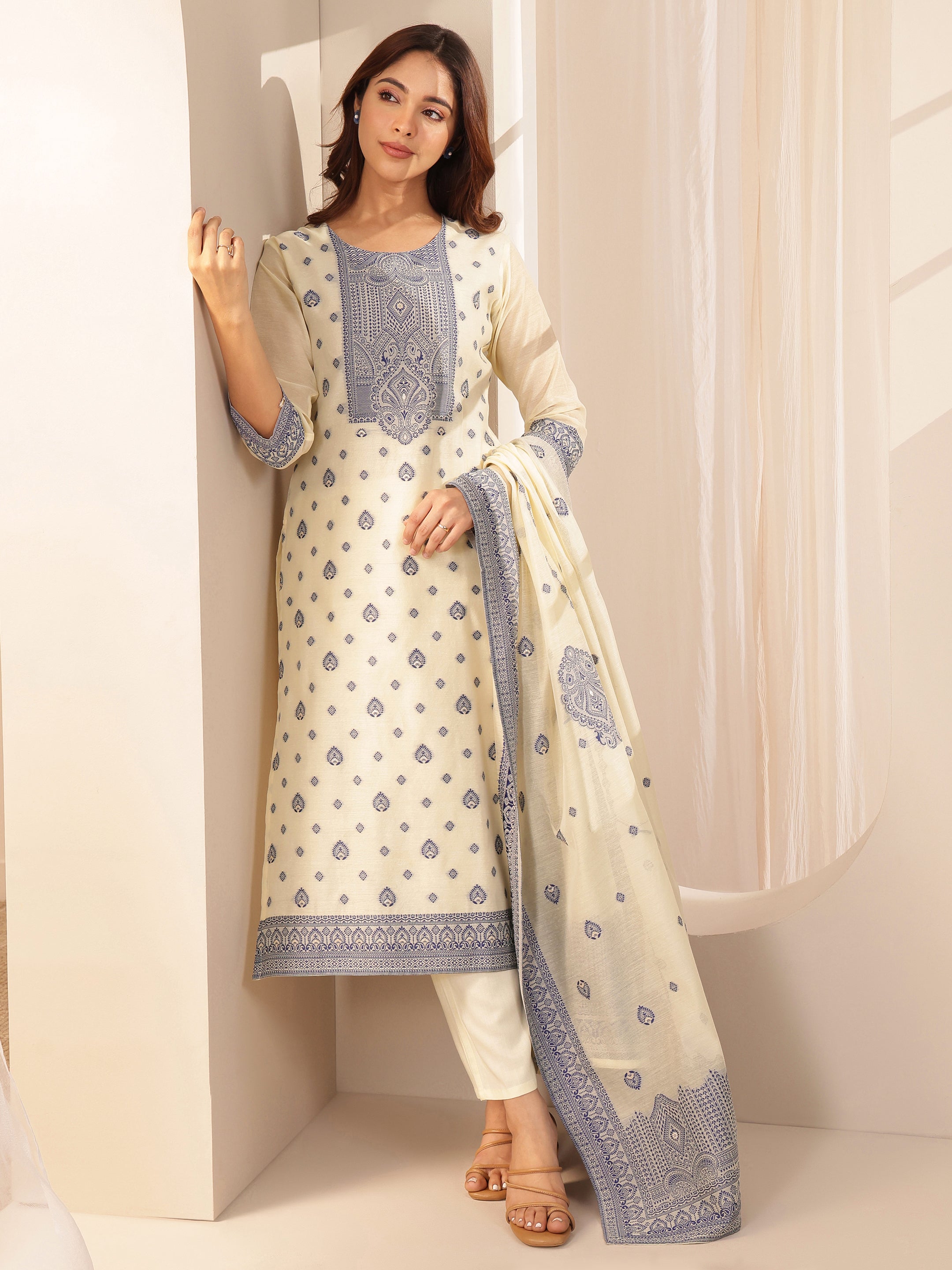 libas Cream Self Design Chanderi Silk Straight Suit Sets With Dupatta-picture-14