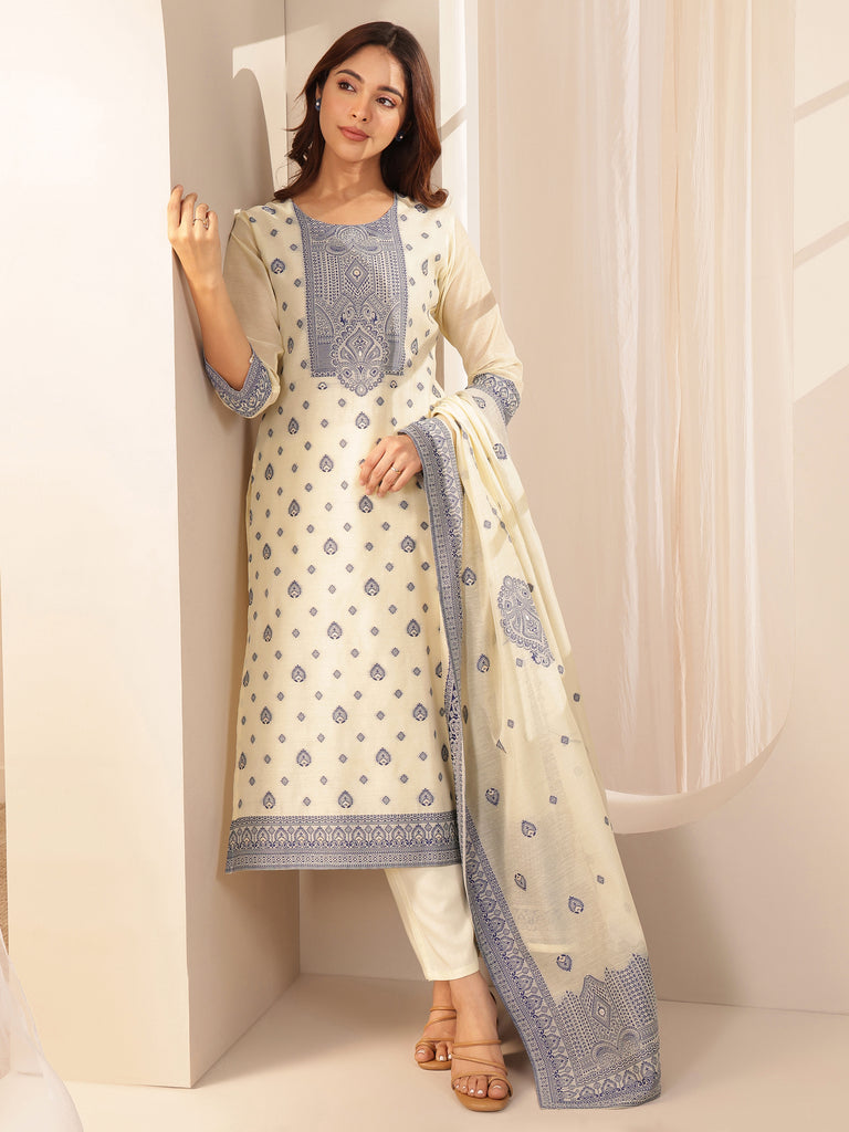 Gerua Cream Self Design Chanderi Silk Straight Suit Sets With Dupatta