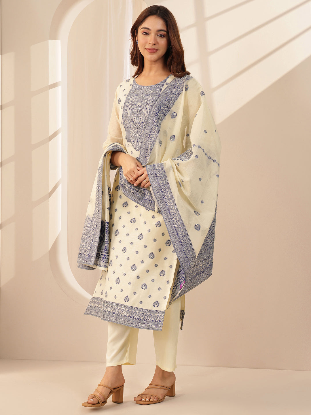  Cream Self Design Chanderi Silk Straight Suit Sets With Dupatta 
