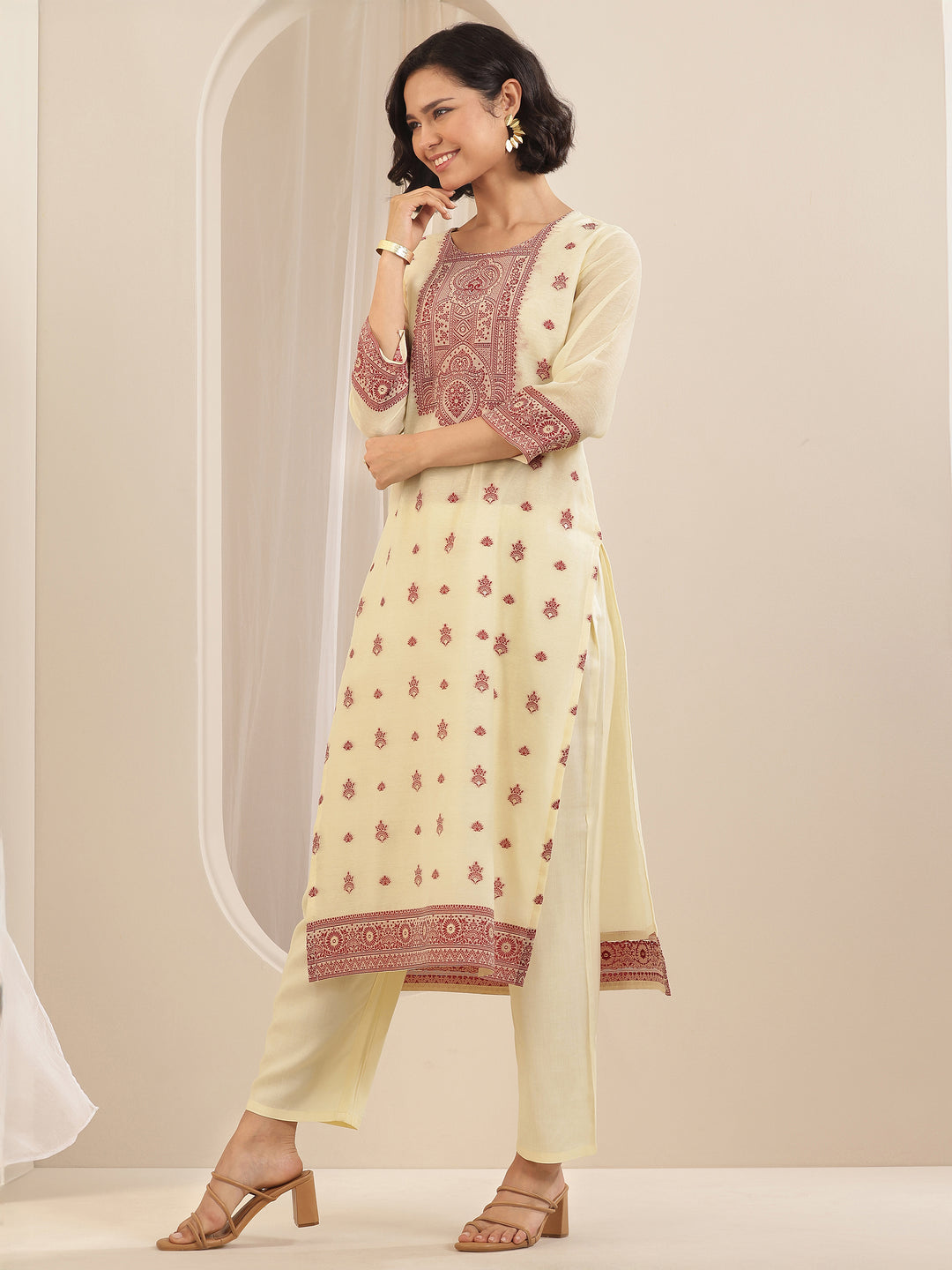  Cream Self Design Chanderi Silk Straight Suit Sets With Dupatta 