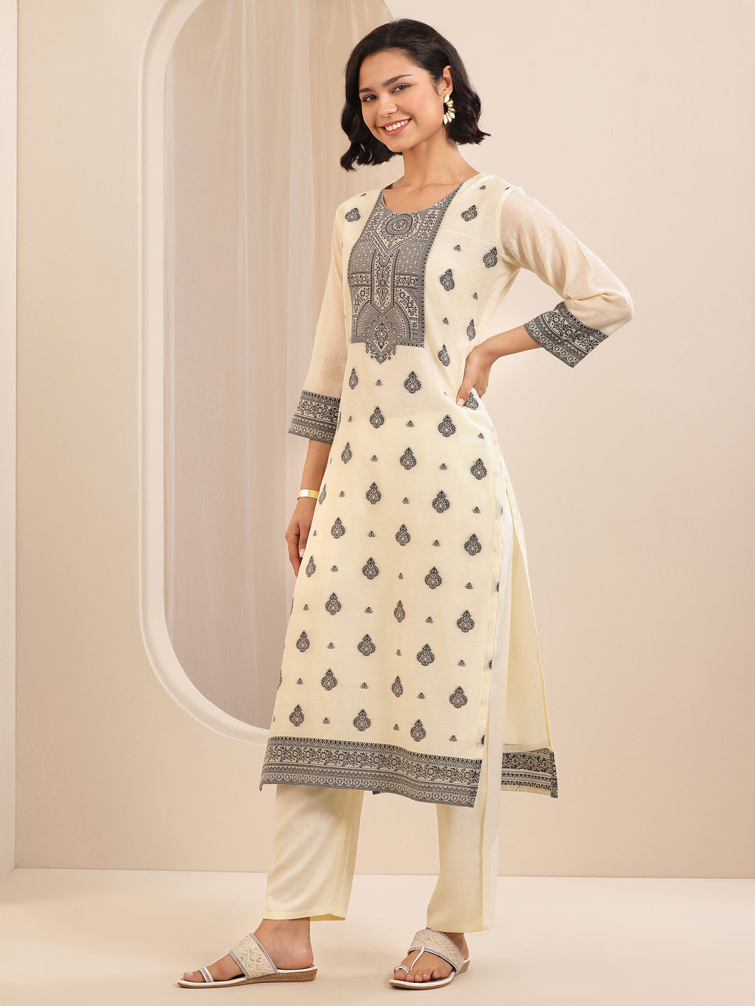  Cream Self Design Chanderi Silk Straight Suit Sets With Dupatta 