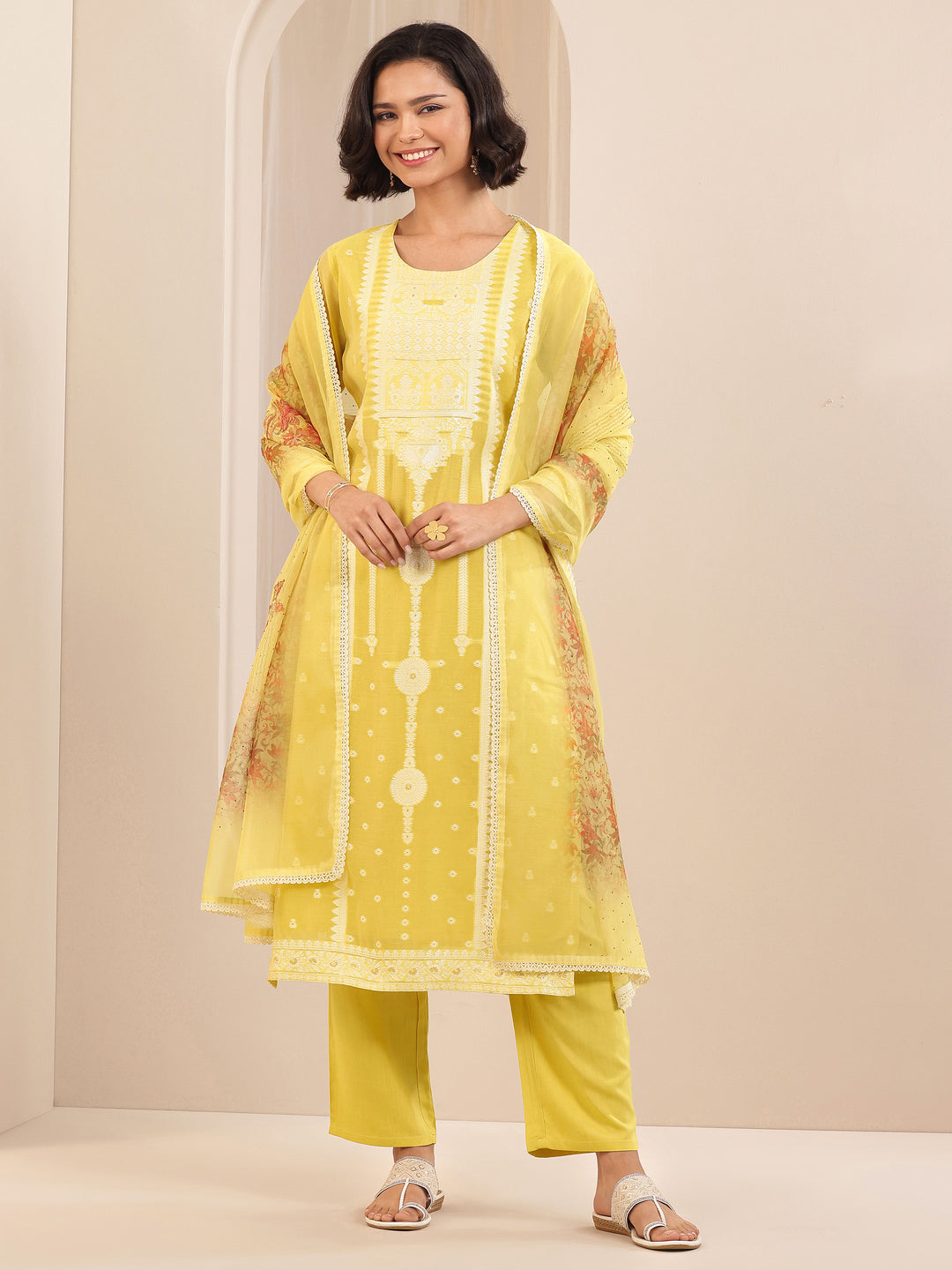  Yellow Self Design Chanderi Silk Straight Suit Sets With Dupatta 
