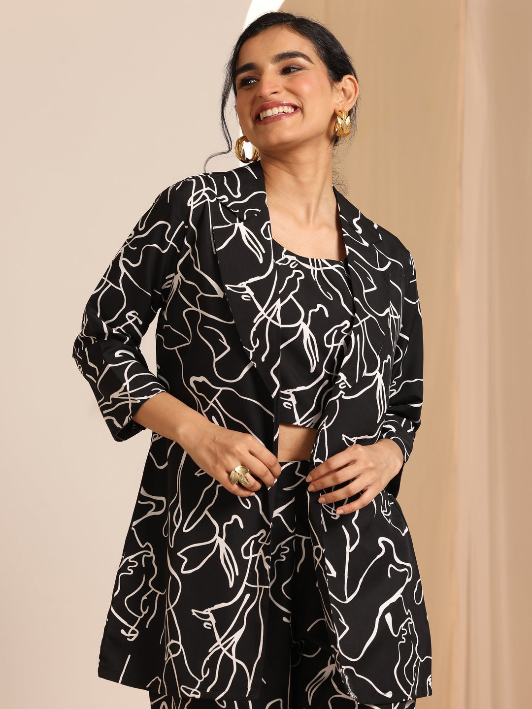  Black Printed Silk Blend Co-Ord Sets 