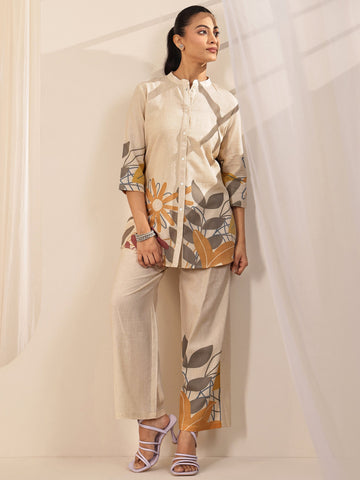 Off White Printed Cotton Blend Co-Ord Sets