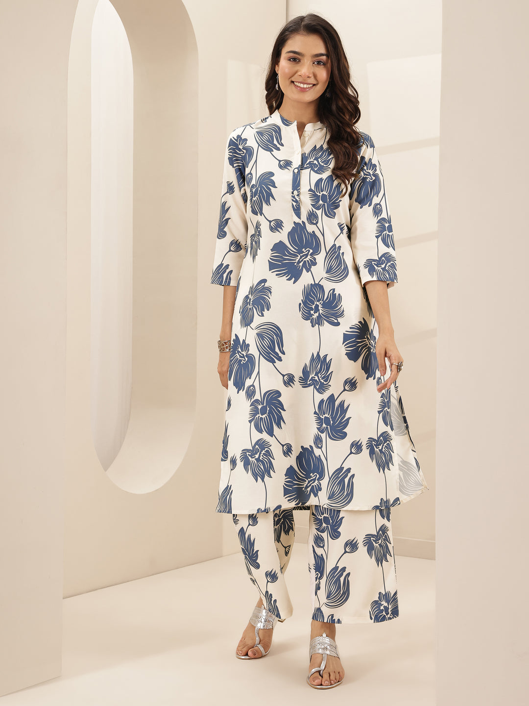  White Printed Cotton Blend Straight Kurta Set 