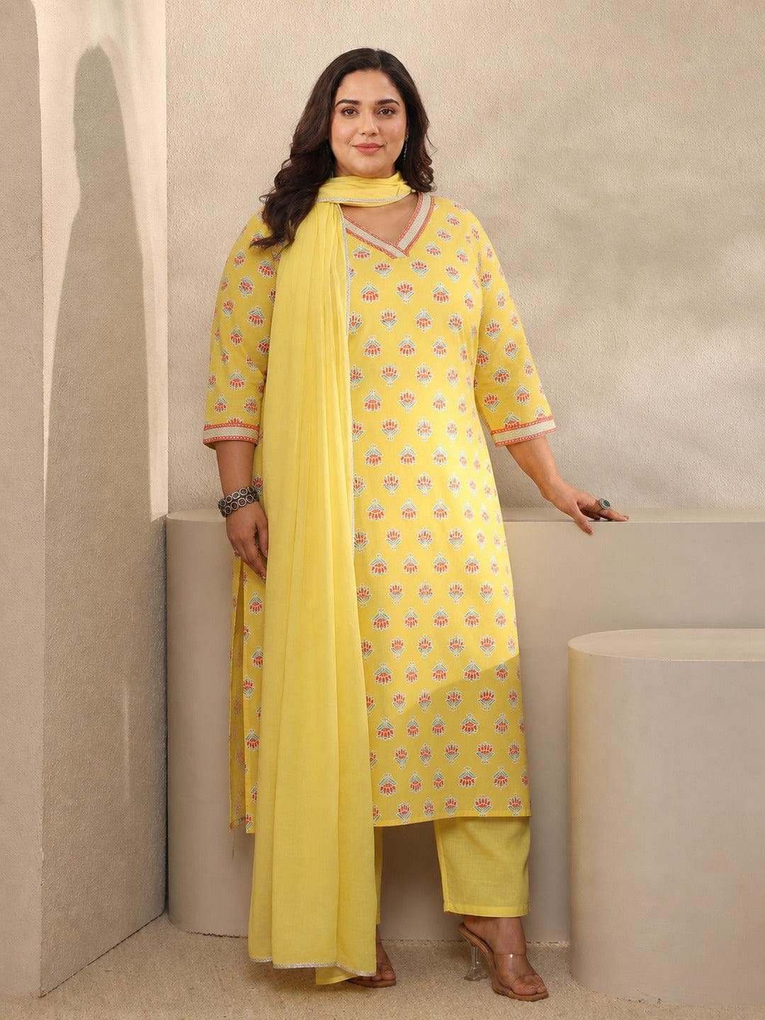  Plus Size Yellow Printed Cotton Straight Suit Sets With Dupatta 