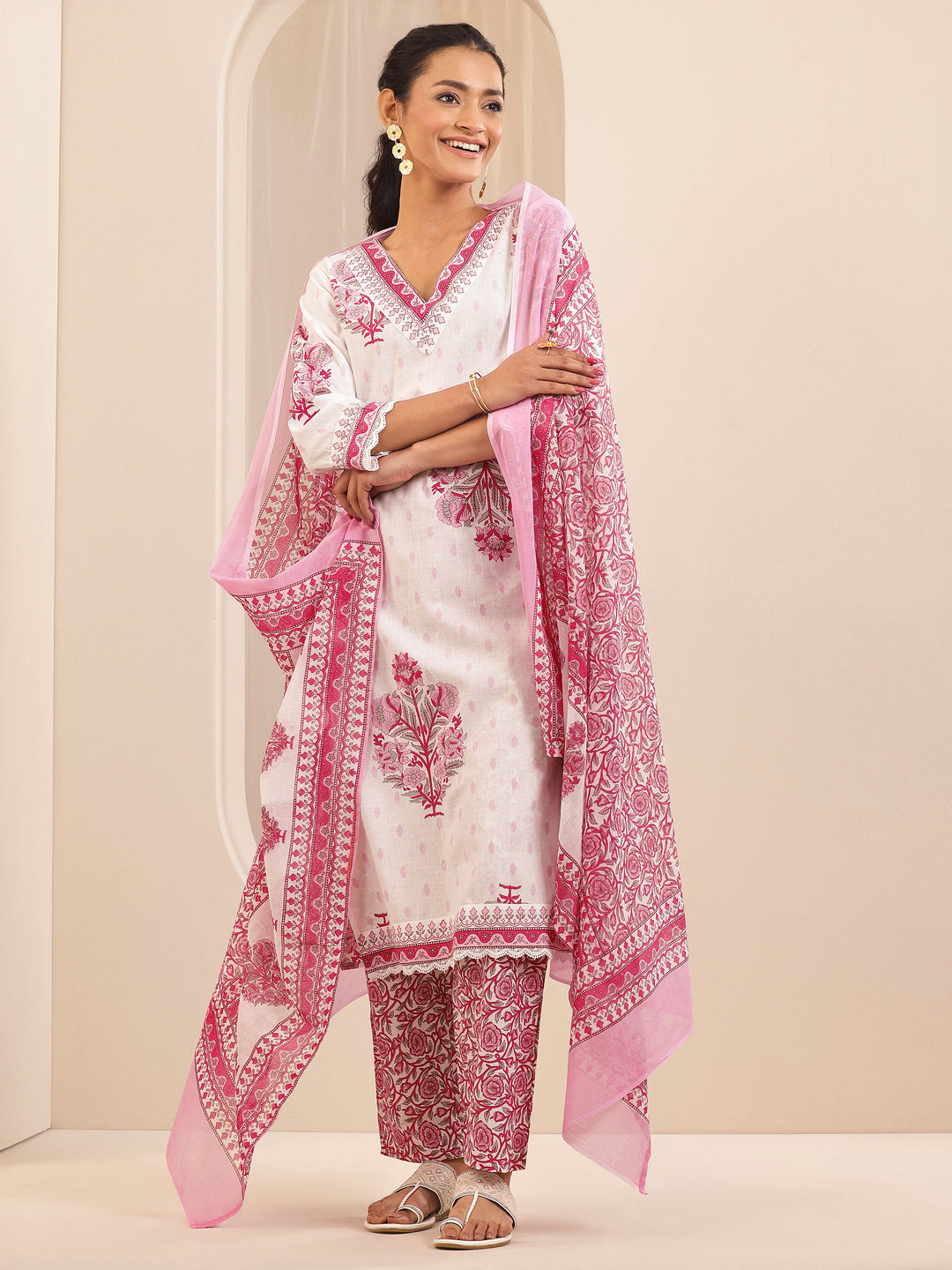  White Printed Cotton Straight Suit Sets With Dupatta 