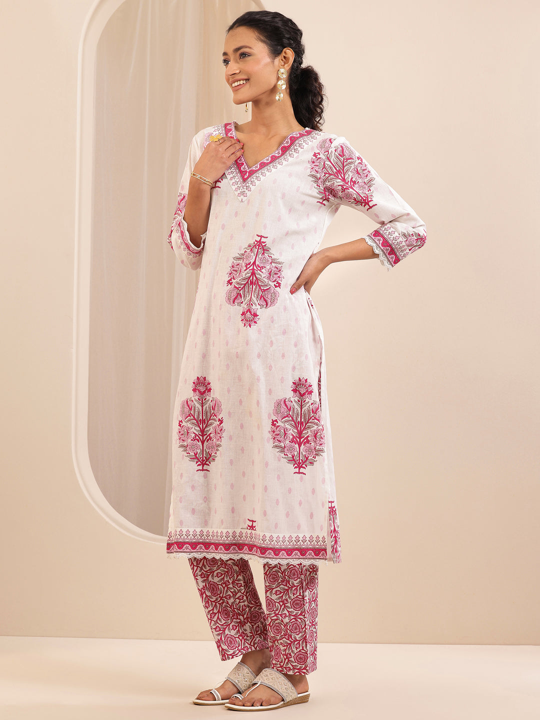  White Printed Cotton Straight Suit Sets With Dupatta 