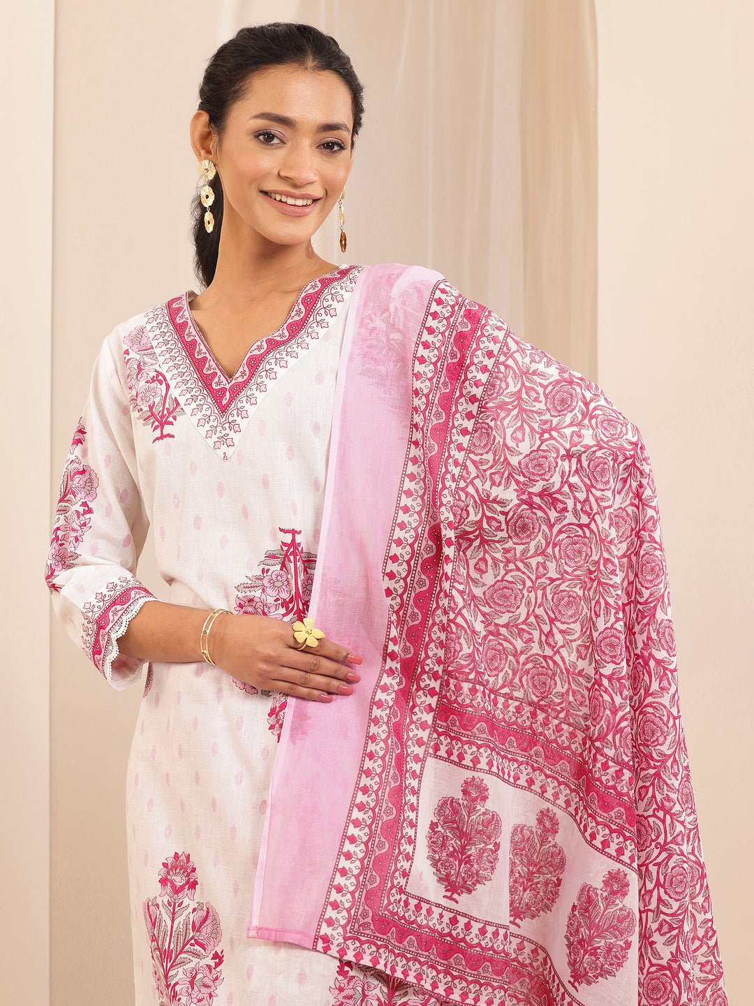  White Printed Cotton Straight Suit Sets With Dupatta 